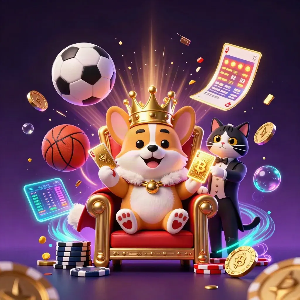 Kucing dan corgi kerajaan di kursi chip, bola dan basket melesat di cahaya neon.