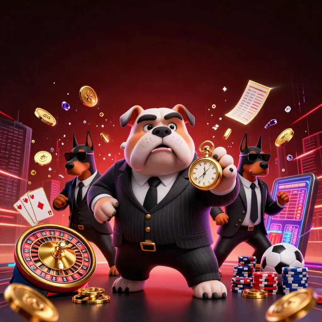 Bulldog bos mafia 3D dikelilingi dua doberman, koin emas, roda roulette, dan efek neon mewah.