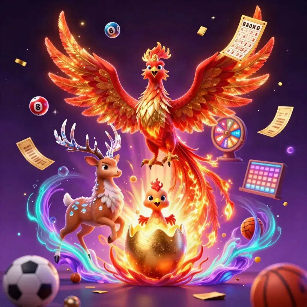 Phoenix, anak phoenix, dan rusa kristal dikelilingi bola lotre dan cahaya neon.