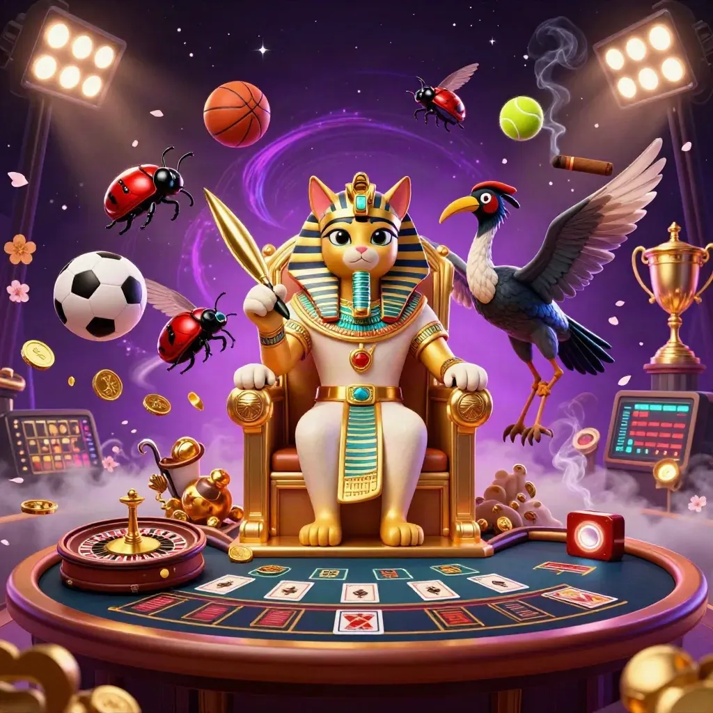 Kucing firaun emas, ibis, dan scarab di kasino mewah dengan bola olahraga dan cahaya neon.