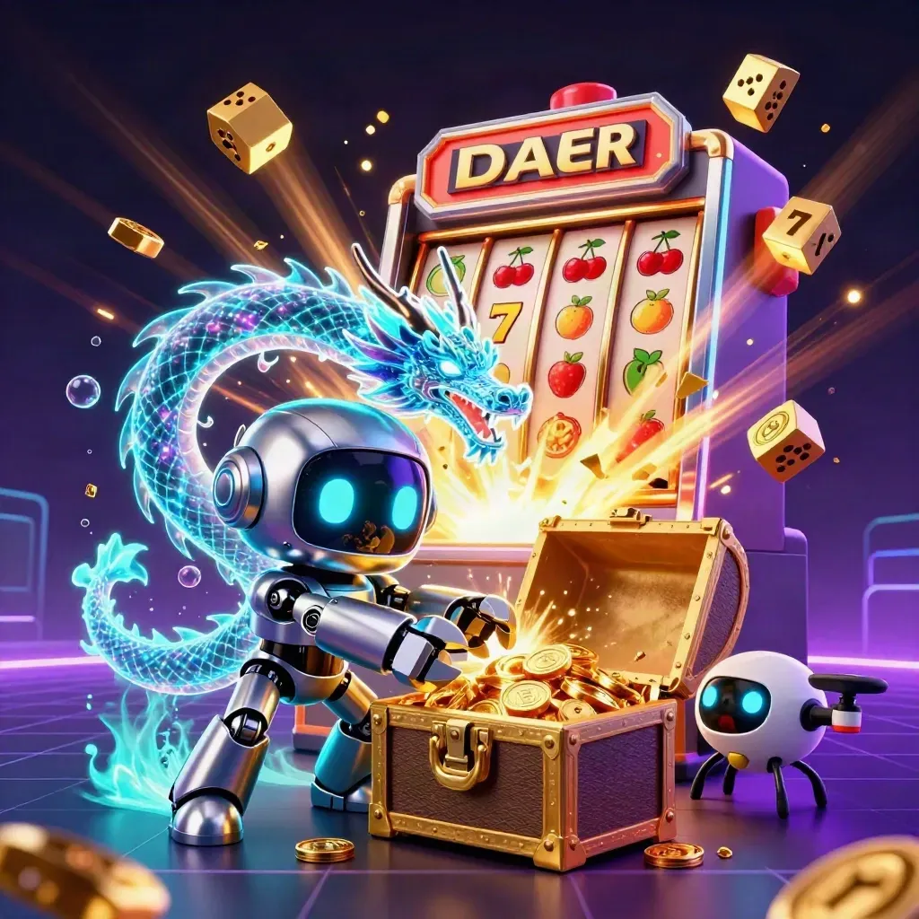 Robot cyberpunk, naga hologram, dan peti harta meledak cahaya neon di kasino futuristik.