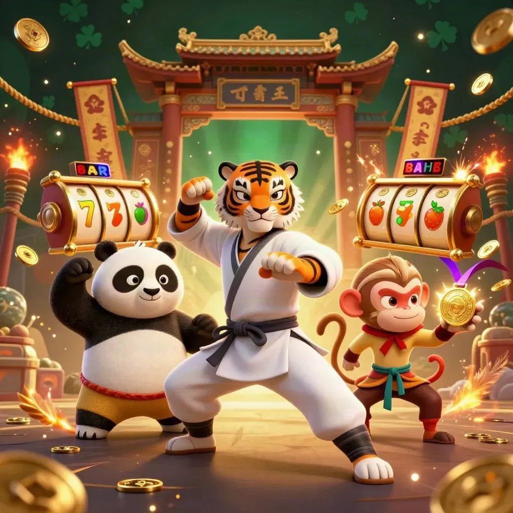 Harimau kung-fu, panda, dan monyet di kuil, koin emas, api, dan neon ungu.