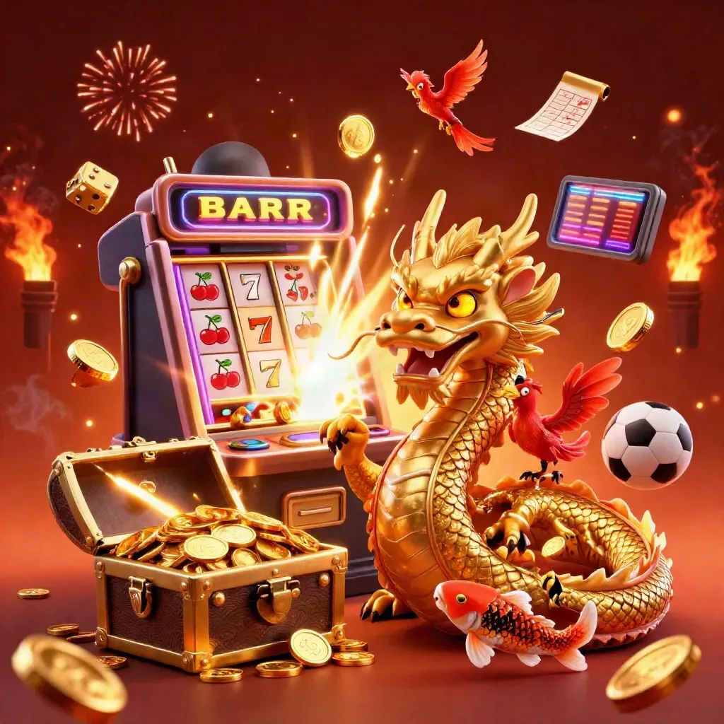 Naga emas, phoenix kecil, koi, mesin slot, koin emas, dan suasana kasino premium meledak meriah.