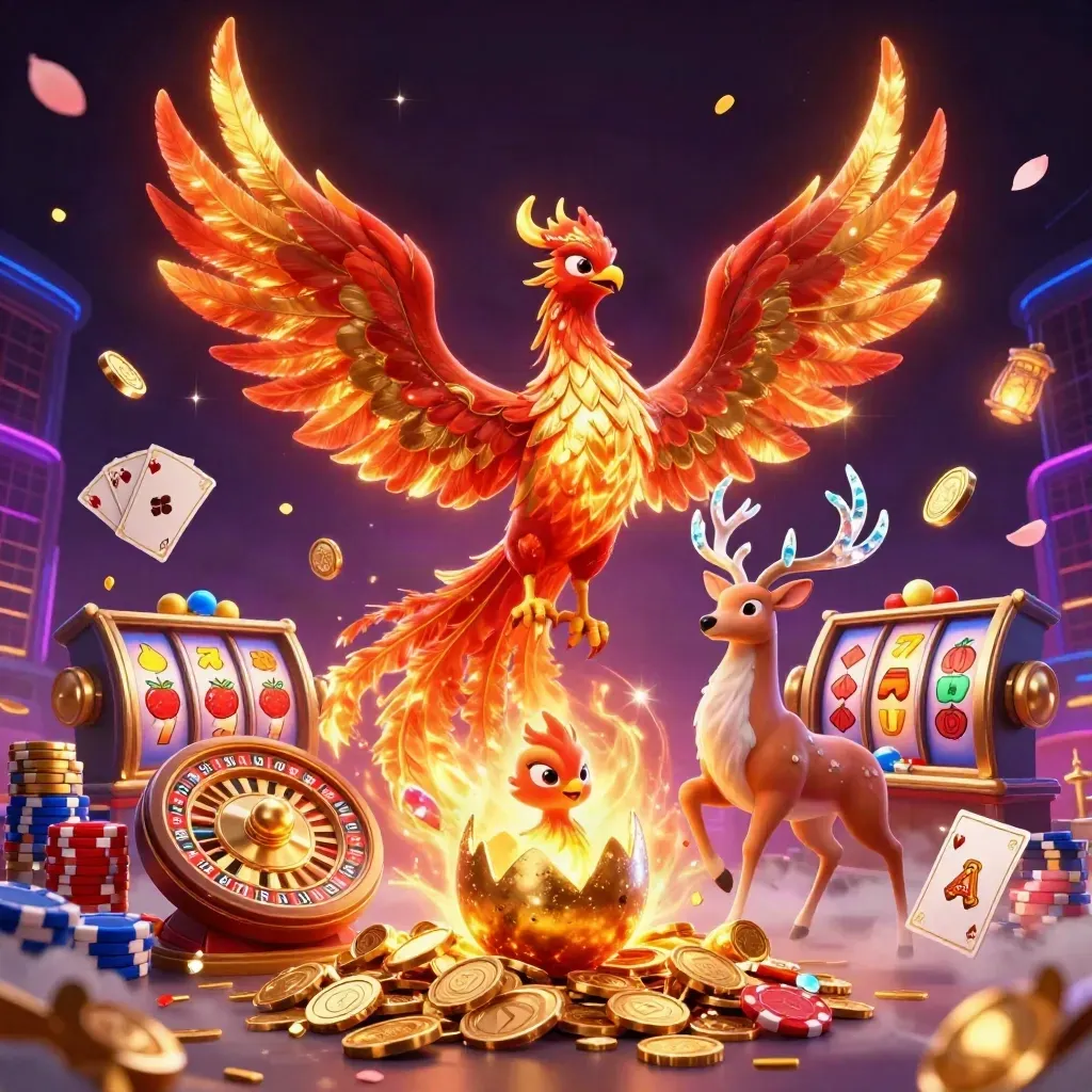 Phoenix api, rusa mistis, dan bayi phoenix di atas koin, kartu, chip, dan roda roulette neon.