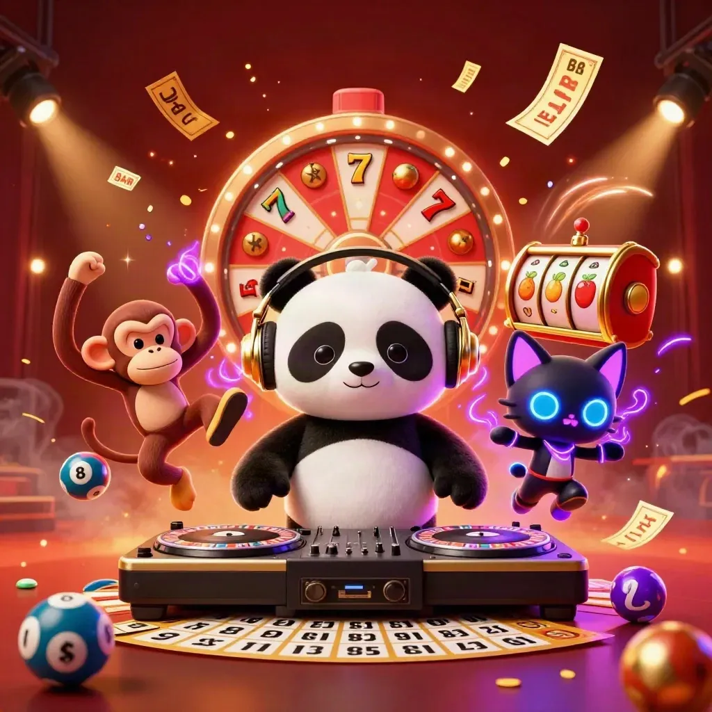 Panda DJ, monyet breakdance, dan kucing rave di ledakan slot emas berlatar merah gelap.