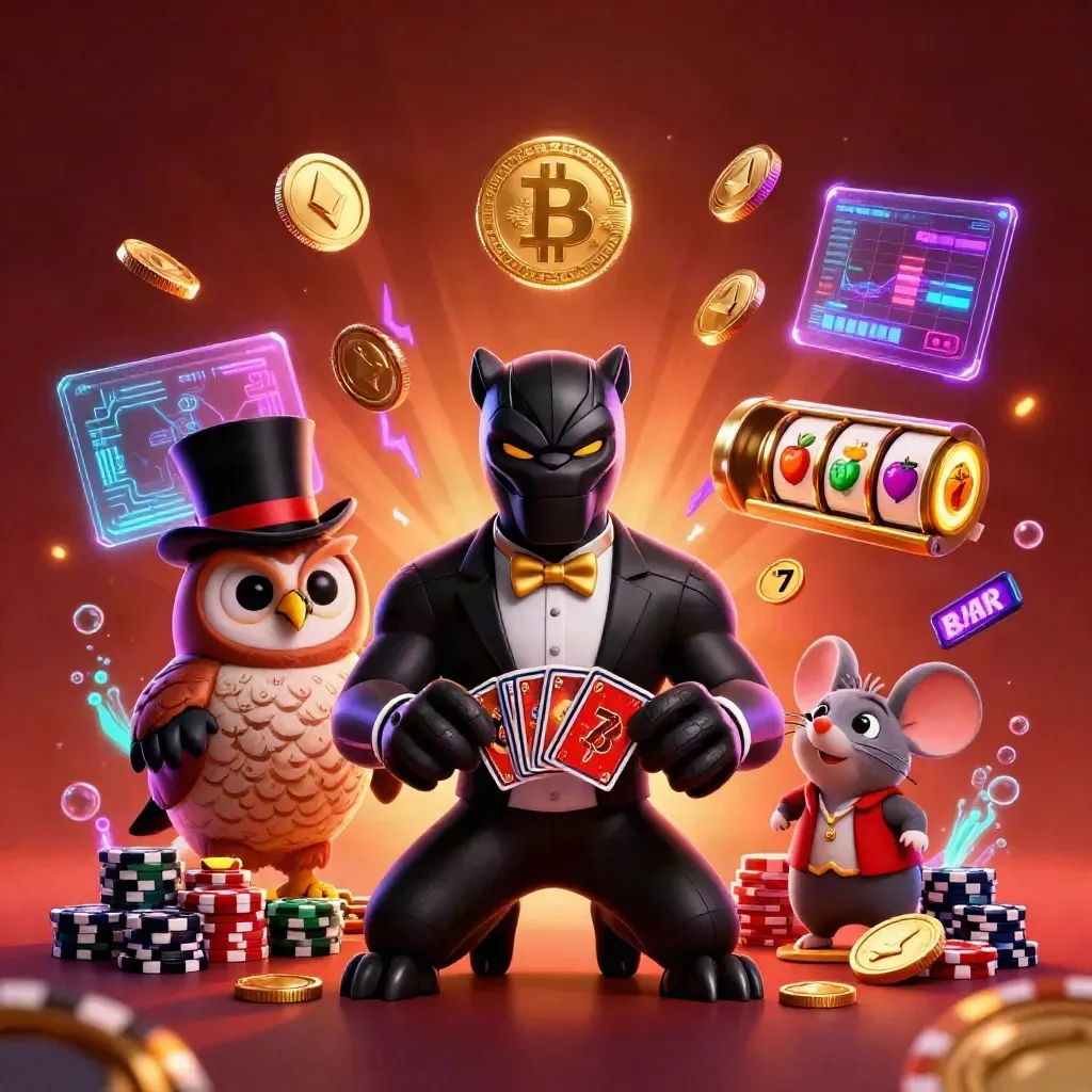 Tiga hewan kasino neon: panther tuxedo, burung hantu topi, dan tikus di chip.