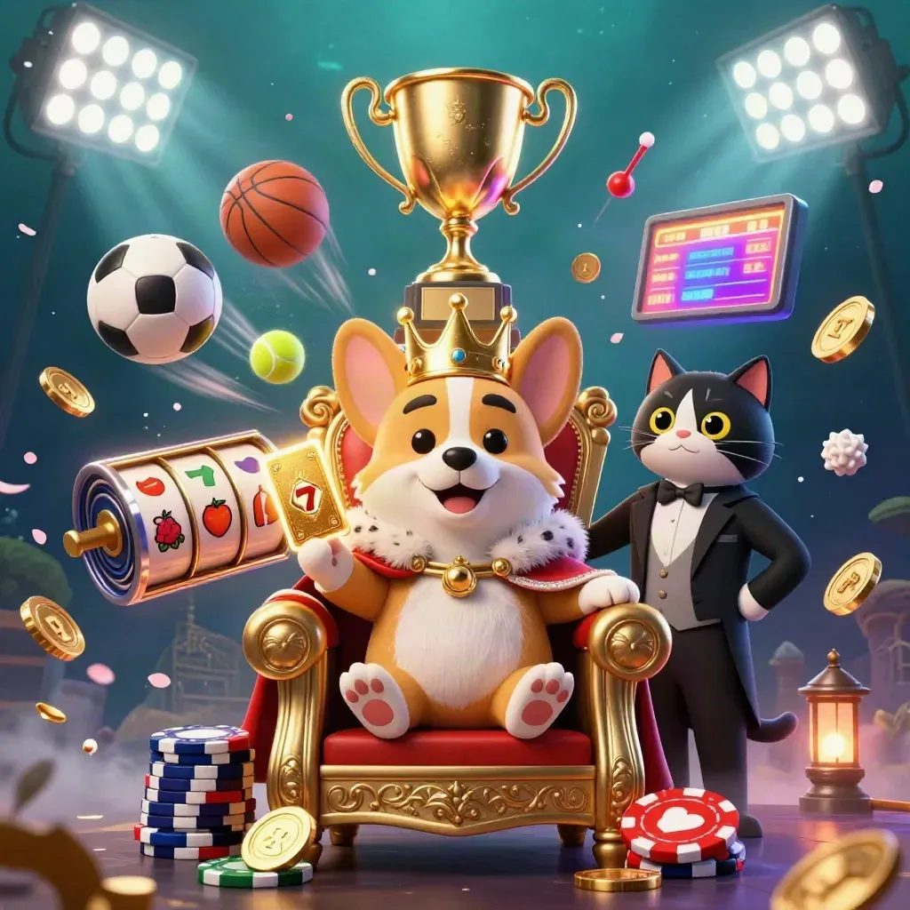 Korgi raja dan kucing pelayan di kursi chip, dikelilingi bola, koin, dan efek jackpot.